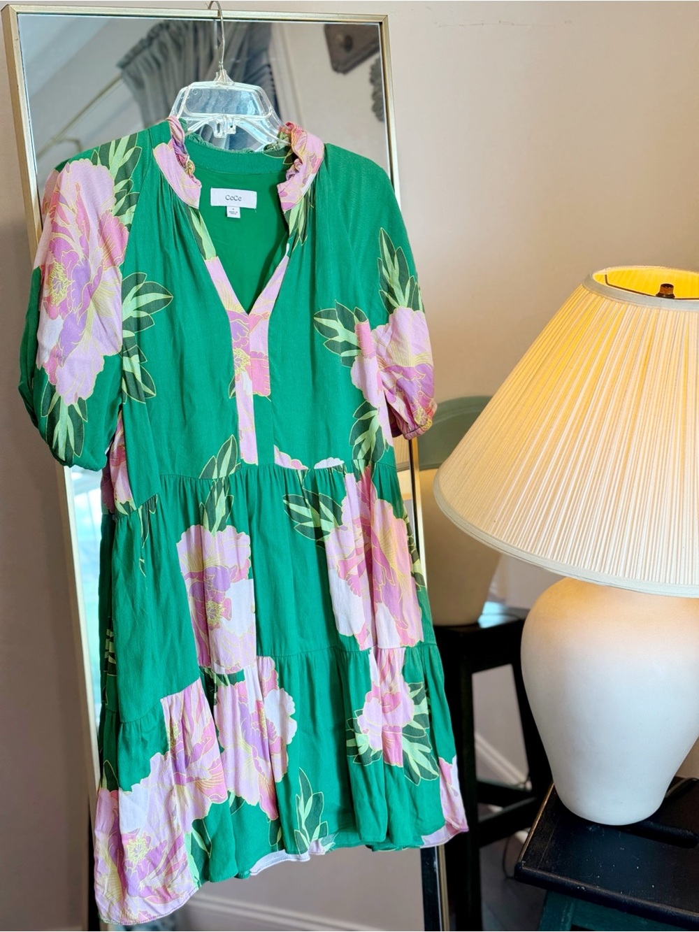 Nordstrom Cece Green Floral Tiered Mini Dress with Pink Blooms - Picture 3 of 5